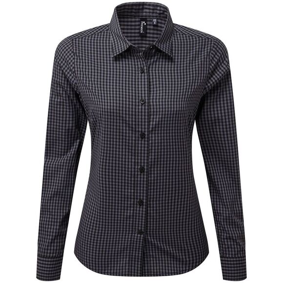 Premier Womens/Ladies Maxton Gingham Long-Sleeved Shirt / Steel/Black - Picture 1 of 2